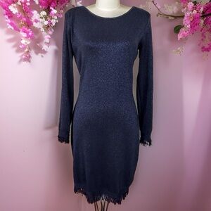 Nanette Lepore cocktail dress, dark blue shimmery, fringe hem and sleeve…